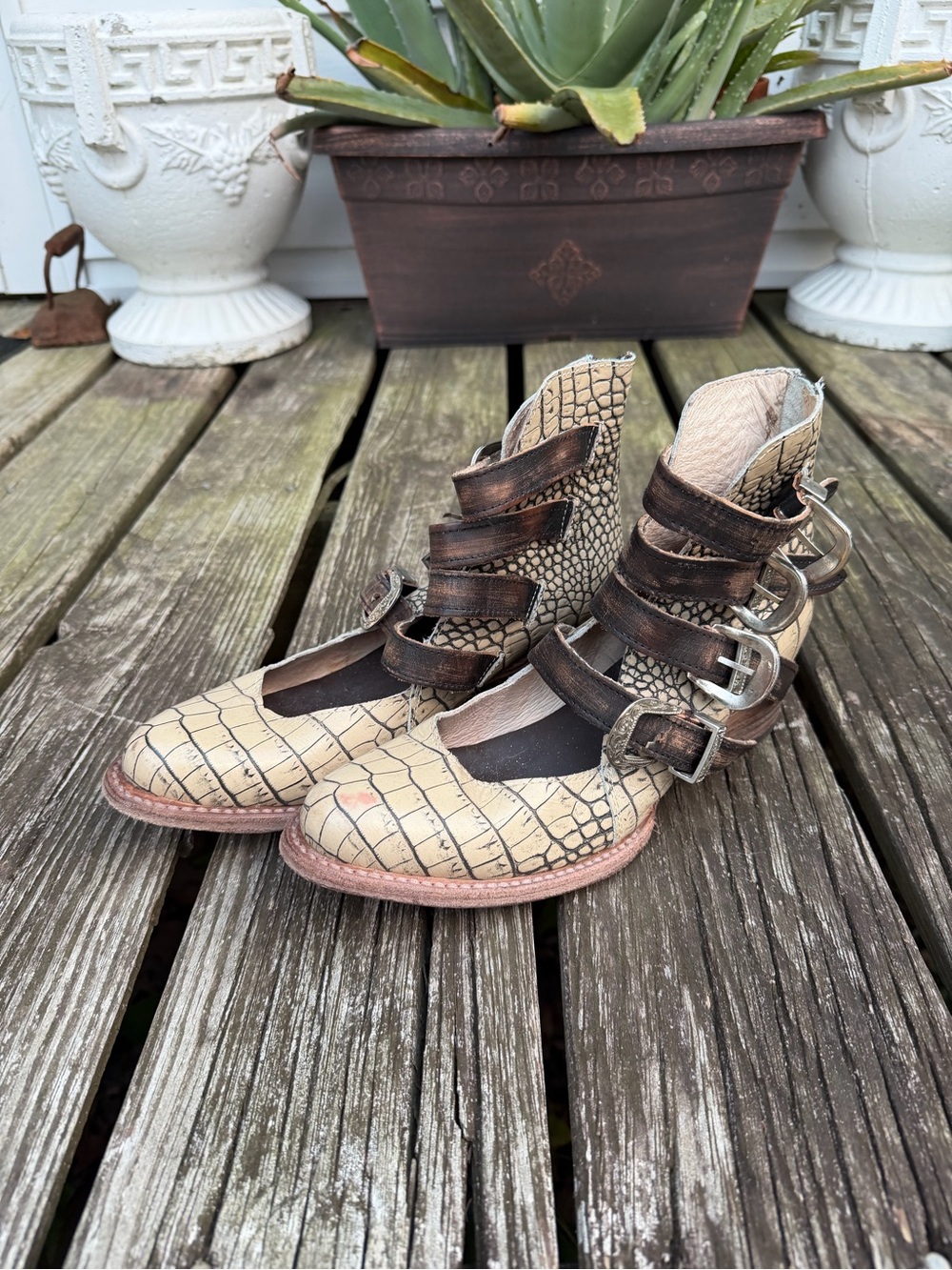 Freebird by Steven Scarlett Cream Croc-Embossed Multi-Buckle Ankle Boots